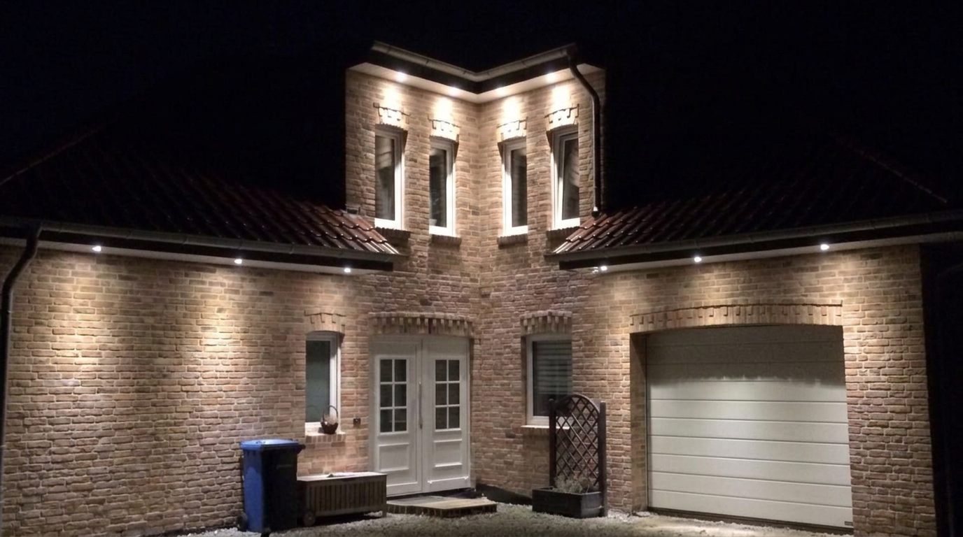 Von Breul Bau ausgeführtes Wohnhaus mit Klinkerfassade bei Nacht